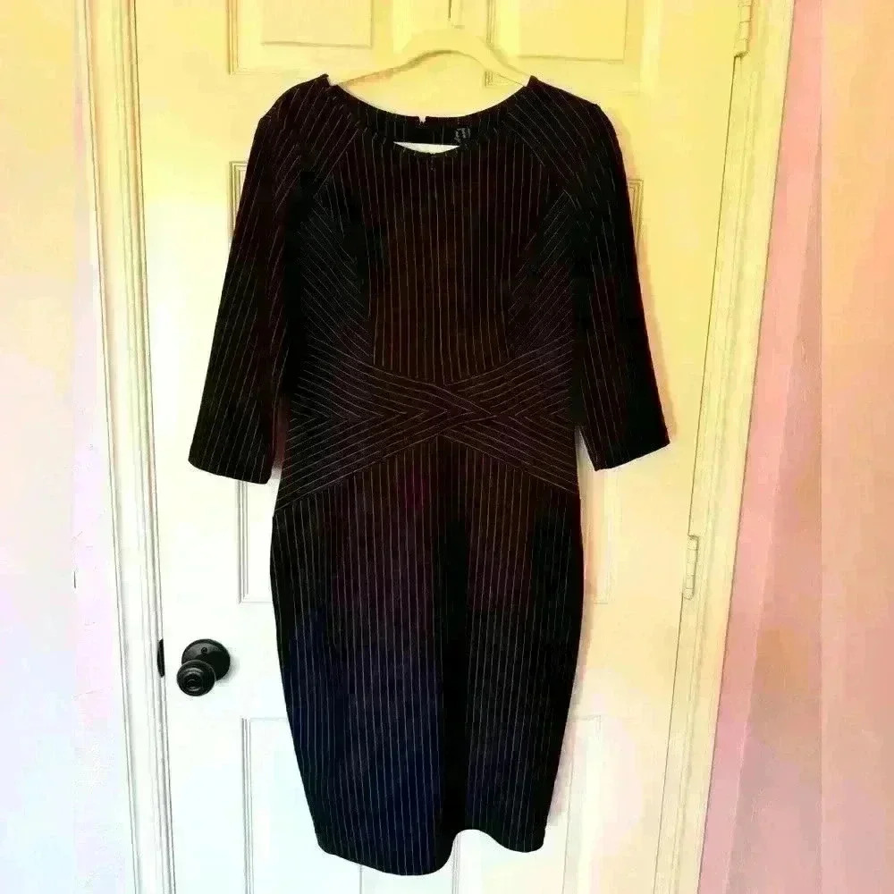 VFshow Black White Pinstripe Sheath Dress Double Zippers 3/4 Sleeve Size L